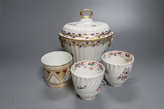 A Derby sugar bowl and cover, c.1795, width 14.5cm, two Newhall type coffee cups and an English porcelain coffee can, c.1800,